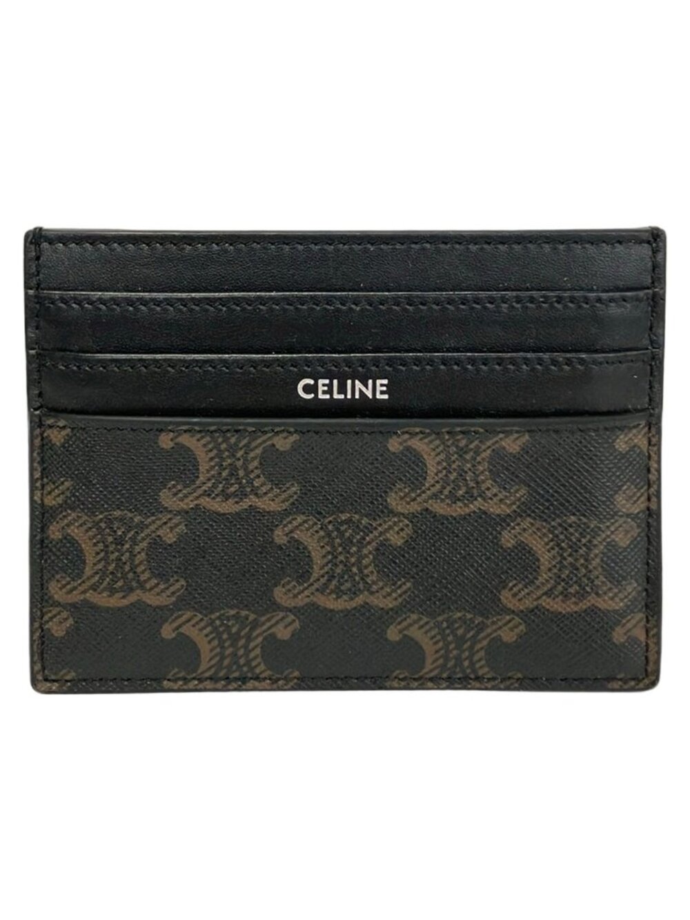Celine Card Case Triomphe Canvas Black Brown Leather